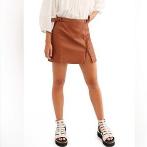 FREE PEOPLE Faux Leather Mini Skirt, Brown XS
